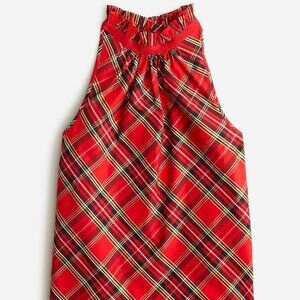 J CREW Holiday Ruffle Neck Sleeveless Cotton Poplin Top Red Green Gold Plaid XXL